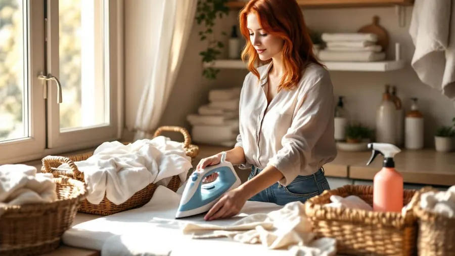 Linge plié et rangé dans une buanderie